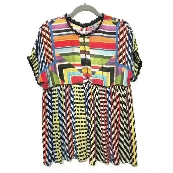 Anthropologie Short Sleeve Shirt Embroidered Flowy Tunic Top Colorful Boho Art - Picture 7 of 8